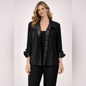 R & M Richards Suit Jacket Top XL Black Shimmer Satin Collar Cuffs Party Cruise
